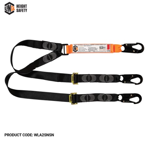 LINQ SHOCK ABSORBING WEBBING LANYARD ADJUST DBL LEG 3 X SNAP HOOK